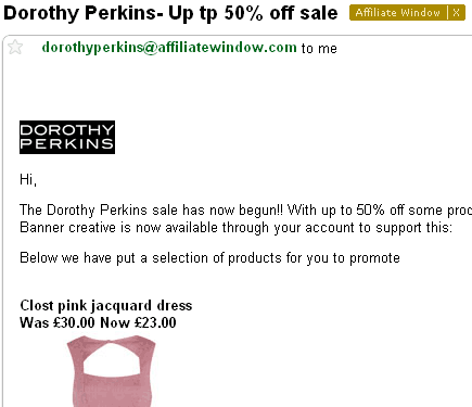 Example: Dorothy Perkins Affiliate Email