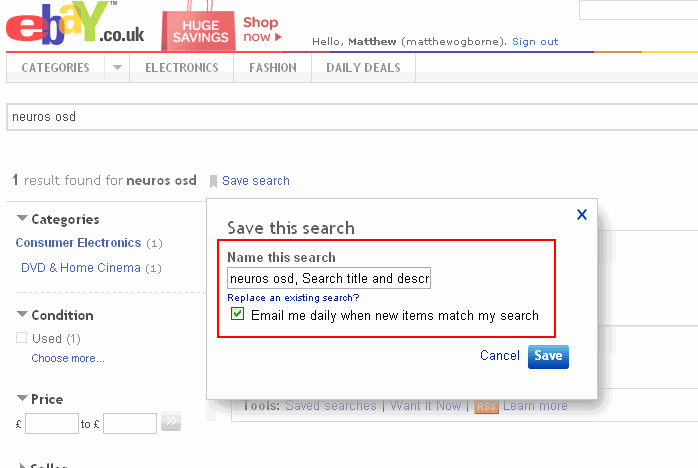 eBay Saved Search - Name the Search