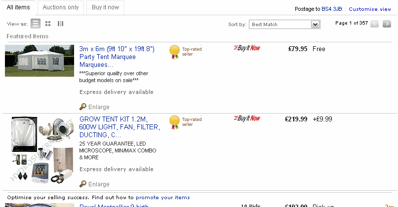 Standard List View of eBay Search Results