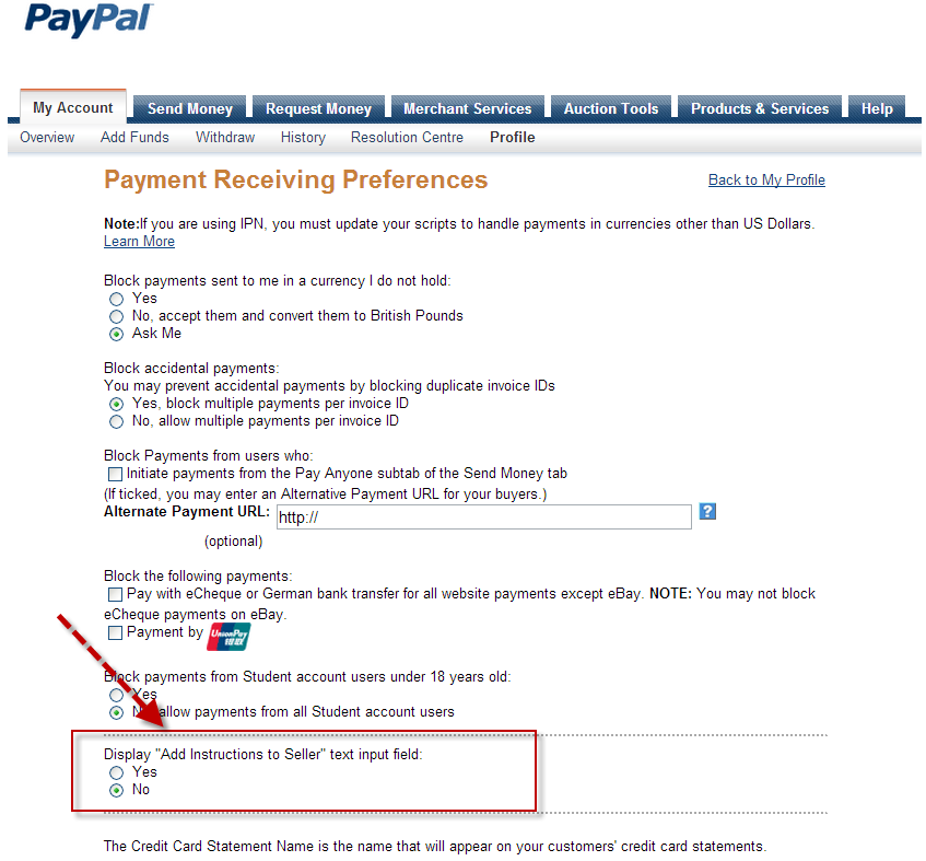 PayPal Express Disable Customer instructions to seller