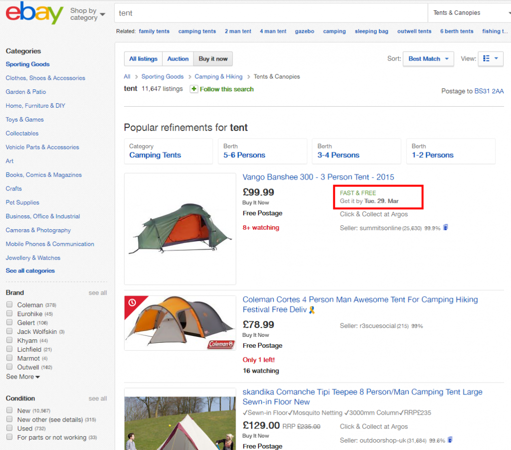 Inconsistant eBay delivery ETAs in the search results
