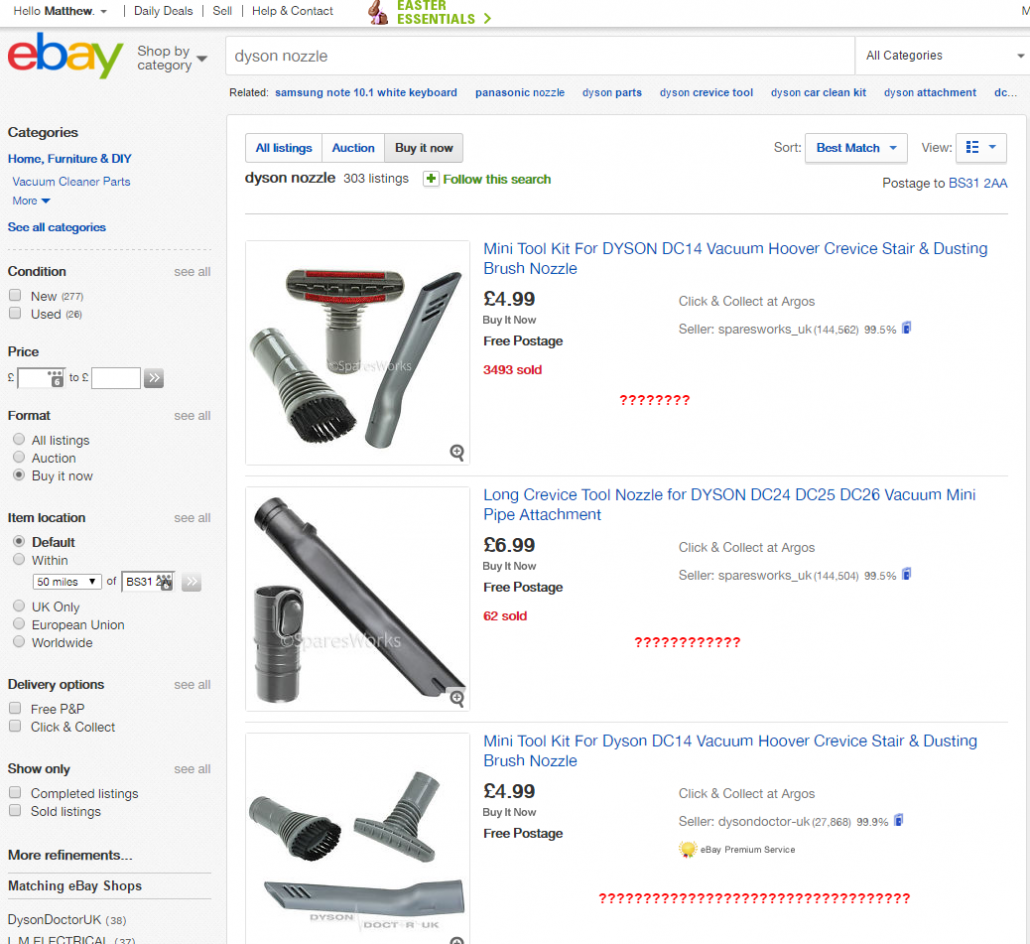 eBay dyson nozzle search results no delivery eta